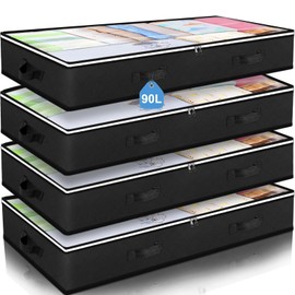 Budding Joy 90L Under Bed Storage Containers, Closet Organizers and Storage Bins, Foldable Underbed Storage Bags for Blankets, Towels, Comforter, Sweaters, Pillows, Linen Sheets, Wrapping Paper，Black