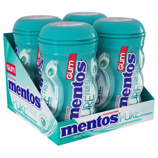 Mentos Pure Fresh Sugar-Free Chewing Gum with Xylitol, Wintergreen, Halloween Candy, Bulk, 50 Piece Bottle (Pack of 4)