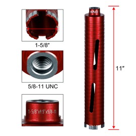 SALI Diamond Core Drill Bits 1 5/8" Diameter 10"/254mm Drilling Depth 5/8-11" Thread Core Bit Turbo Laser-Welded Segments for Cured Concrete with Brick Block Masonry with Two Adapters（Red）
