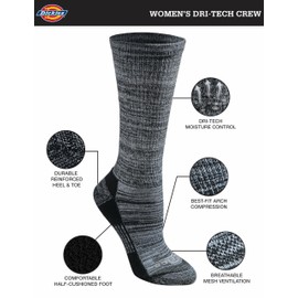Dickies Women's Dri-Tech Moisture Control Crew Socks Multipack, Black Marl (6 Pairs), Shoe Size: 4-6
