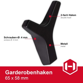 Gedotec Marion Double Coat Hook Square Coat Hook Black Matt Coat Hook Concealed Height 65 mm Wall Hook Metal for Wall Mounting 1 Piece Double Hook Single with Screws