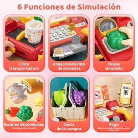 Caja Registradora Juguete Niñas, 63 PCS Supermercado Juguete con Cajas Registradora, Calculadoras, Walkie-talkies y Escáneres, Juegos de Simulación QR