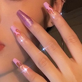 Bufenia Coffin False Nails Wavy Line Long Press on Nails Glitter Ballerina Crystals Pink Leopard Print Shiny Acrylic Stick on Nails for Women Girls 24 Pieces (D)