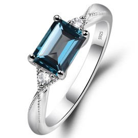 925 Sterling Silver 1.25 CT Emerald Cut London Blue Topaz Ring East West Delicate Promise Ring for Women Size 10.5 Jewelry