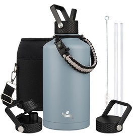 Konokyo Insulated Water Bottle with Straw,87 oz 3 Lids Water Jug with Carrying Bag,Paracord Handle,Double Wall Vacuum Stainless Steel Metal Flask,Storm Blue