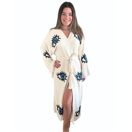 Handmade Evil Eye Kimono - Women Beach Cover Up - Festival Bohemian Robe - Boho Cotton Cardigan - Dressing Gown (Blue Eyes)