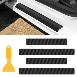 MLAHUIER 4PCS Carbon Door Sills Protector with Scraper, 4D Anti-Scratch Door Edge Entry Protection Trim for Door Edge/Front and Rear Bumper Door Threshold Protector Cover Sticker Strips(Black)