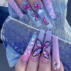 SUREGONAILS Acrylic Press on Nails Long Fake Nails, Heart Shape Gradient Colorful Butterfly False Nails with Designs Rhinestones, Coffin Nails Press ons Artificial Nails For Women Girls 24Pcs