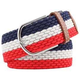 White Fang BT378 Braided Mesh Belt, Round Buckle, Casual, No Holes, Simple, Colorful, B Blue White Red
