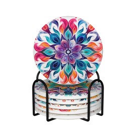 Boho Coasters Set of 6, Coasters for Drinks Absorbent Stone with Holder, Mandala Flower Ceramic Drink Coaster for Tabletop Protection, Coffee Table Decor Ideal for Home Decor House Warming Gifts