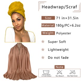 COOKOO 2 Piece Long Solid Color Stretch Head Wrap African Women's Jersey Turban Fashion Head Scarf Ultra Soft Extra Long Head Band Lightweight Breathable Head Bands for Women(Camel+Turmeric)
