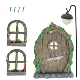 VGOL Set of 4 Fairy Door and Window with Lamp Glow in The Dark Miniature Window Mini Yard Resin Outdoor Ornament for Trees Fairy Garden Outdoor Decoration