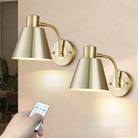 Troconce Gold Wireless Battery Operated Wall Sconces Set of 2, Cordless Battery Powered Led Wall Lights with Remote & Bulb, Not Hardwired Dimmable Battery Wall Lamp Fixture for Room Decor