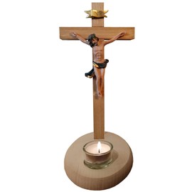 Kaltner Präsente Geschenkidee: 31 cm Kreuz Holzkreuz Kruzifix Stehkreuz aus Echtholz Fichte und Ahorn mit Teelicht - Handgemalte Jesus Christus Figur aus hochwertigen Kunstguss aus Resin – Dekoration