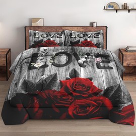 WeCozy Comforter Set Queen Size with 2 Pillowcases, Red Rose Flower 3 Pcs Bedding Set for Kids and Adults, Summer Vintage Woodboard Soft Comforter Set for Bedroom Bed Decor