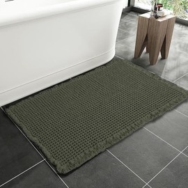 SHIMOH Upgraded Waffle Bath Mat – Ultra Soft, Super Absorbent & Non-Slip Rug with Tassels, Machine Washable, Rubber Backed for Bathroom, Hallway Runner, Kitchen and More (Dark Green, 24" X 36")