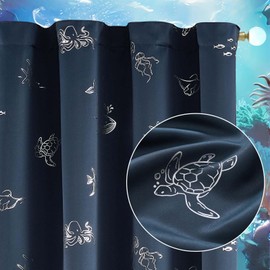 Vangao Kids Curtains for Boys Bedroom Kids Blackout Curtains 63 Inch Length Ocean Aquarium Nursery Drapes for Girls Bedroom Silver Sea Animals Print Thermal Insulated Drapes, Navy Blue 2 Panels