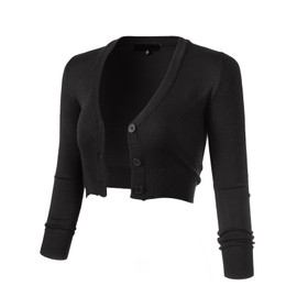 Allsense Women's 3/4 Sleeve Cropped Bolero Shrug Button Down Cardigan Sweater Lightweight Knit, Black, Small