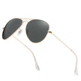 ADE WU Classic Aviator Sunglasses with Real Glass Lense 60mm Width,C3 Gold/Grey