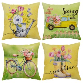 YeeJu Spring Throw Pillow Covers 18x18 Set of 4 Soft Velvet Spring Summer Floral Decorative Pillow Covers Truck Biycle Flower Cushion Covers Pillow Cases for Home Outdoor Sofa Couch Decorations (18)