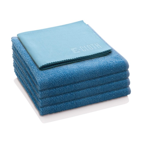 E-Cloth Starter Pack, Premium Microfiber Cleaning Cloths, Great Household Cleaning Tools for Bathroom, Kitchen, and Cars, Washable and Reusable, 300 Wash Guarante, Blue, 5 Cloth Set
