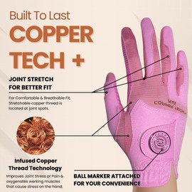 Copper Tech Plus Women's Golf Gloves with Ball Marker - Ladies Golf Gloves with 100% AAA Synthetic Leather - Wrist Support & Breathability - Golf Gloves Left Handed Golfer (Hand Orientation: Right)