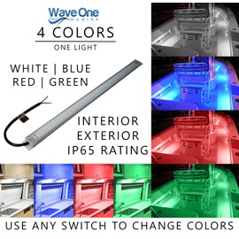 Wave One Marine 16" LED RGBW Courtesy Accent Boat Utility Light Strip | 12-24 Volt Internal Driver | White Blue Red Green | Interior Exterior Deck Gunnel Cockpit T Top Pontoon | Waterproof IP65