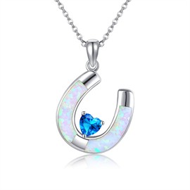 AXOMY Horse Necklace 925 Sterling Silver Lucky Horse Shoe Pendant Necklace Opal Horseshoe Jewelry Gift for Women Cowgirls Equestrian Cowboy Horse Lover