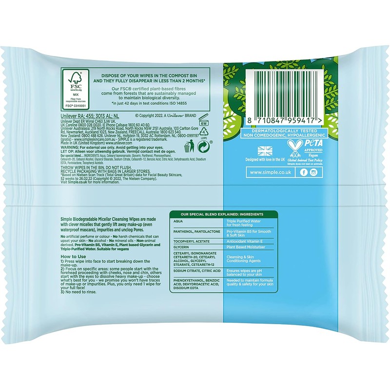 SIMPLE, Toallitas Micelares Biodegradables, 20 piezas