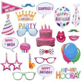 22 Pieces Happy Birthday Party Photo Booth Props with Sticks for Her Him Kids Funny Birthday Decorations, Happy Birthday Party Favors Supplies for Kids Adults Men and Women