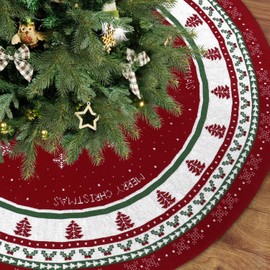 DEMIUKO Knitted Christmas Tree Skirt 36Inch Knit Xmas Tree Skirt Thick Rustic Christmas Tree Skirt with Snowflake Christmas Tree Mat for New Year Party Holiday Knitted Xmas Decoration (36inch/90cm)