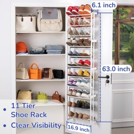 HUXOR 11 Tier Over The Door Shoe Organizer, Heavy-Duty Metal Shoe Rack for Door, Fit 22 Pairs Hanging Shoe Organizer for Sneakers, High Heel (White)