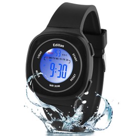 Edillas Children's Watch Girls Boys Digital 7 Colours LED Digital Watch for Children Waterproof Sports Outdoor Multifunctional Digital Watches with Stopwatch / Alarm Age 4-15, Black-2207l, Children