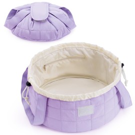 Narwey Barrel Drawstring Puffy Makeup Bag, Large Quilted Cosmetic Bag, Puffer Make Up Bags, Travel Toiletry Bags for Traveling Women Toiletries Organizer, Gift for Teen Girls (Purple)