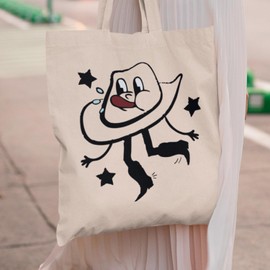 SmartyPants Cowboy Hat Tote Bag - Line Dancing Retro Cartoon Doodle Tap Dancing Western Style Funny Classic Dancing Vintage Cute Aesthetic Dancing Fan Gift Present (Natural)
