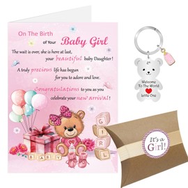 Baby Girl Card, New Baby Girl Card, Welcome To The World, Congratulations New Baby Keyring Gifts, Newborn Card with Envelope (Pink - Girl)