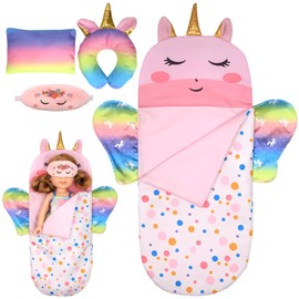 Booaee Unicorn Doll Sleeping Bag Set, 4 Pieces Doll Sleeping Bag for Baby Dolls, Doll Accessories with Sleeping Mask, U-Shaped Pillow, Square Pillow, Toy Girls for Christmas, Birthday Gift