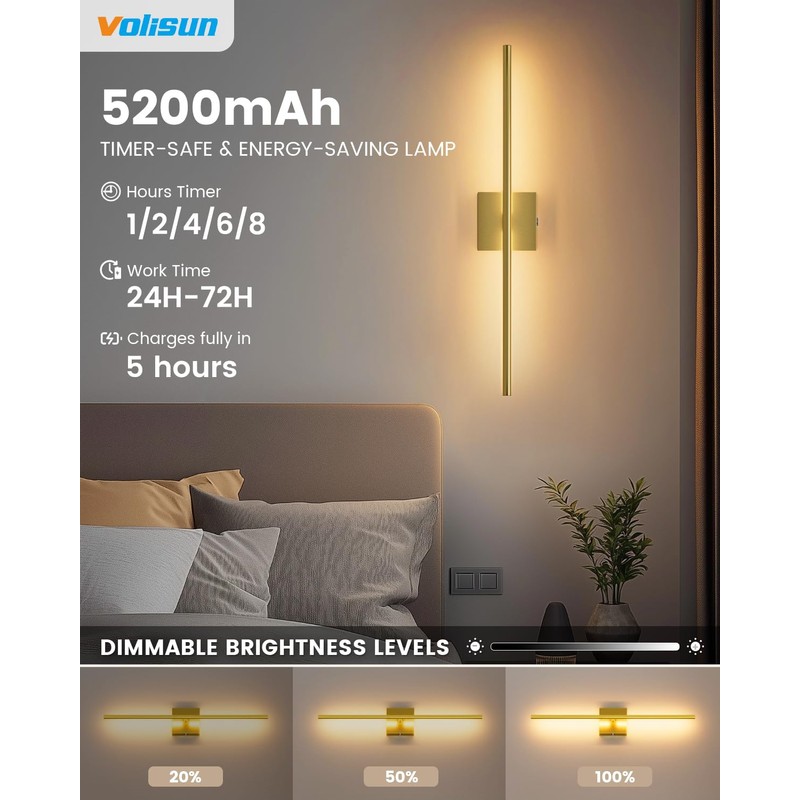 VOLISUN Battery Operated Wall Sconce Set of Two, Gold Rechargeable