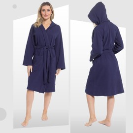 Daisy Dreamer Women's Hooded Waffle Cotton Bathrobe Dressing Gown Super Absorbent Spa Robes Ideal for Home & Loungewear, Navy Medium
