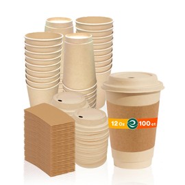 ECO SOUL 100% Compostable Coffee Cups With Lids & Sleeves - 12 Oz (100 Counts) Pfas Free To Go Coffee Disposable Bagasse Cups |Sturdy & Eco-Friendly Cups for Cafes, Party, Office
