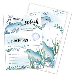 QOFO Dolphin Birthday Party Invitations-Set of 20 With Envelopes,Ocean World Party Theme,For Birthdays & Summer Beach Parties,Party Decorations And Supplies-YQC01