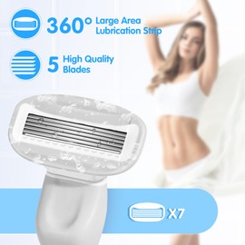 DreamGenius Razors for Women Include 1 Non-Slip Metal Handles and 7 Blade Refills, 5 Premium Blades Women's Razors for Shaving with 360° Lubrication Reduces Irritation, Silver
