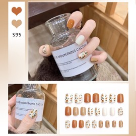 Press On Nails Long Coffin Bellarine Tapered full coverage glossy false Nails, Fake Arcylic press on nails hand manicure for women (short-Orange Flower)