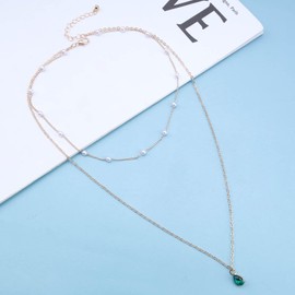 Yheakne Boho Layered Pearl Choker Necklace Teardrop Emerald Pendant Necklac Vintage Emerald Green Necklace Wedding Green Crystal Necklace Chain Jewelry for Women and Girls