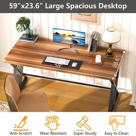 YOHKOH 59" Home Office Desk, Extra-Wide 23.6" Workspace with 1.38IN Thick Top, Heavy-Duty Z-Shaped Carbon Steel, 10-Min 2-Person Assembly, for Executive/Office/Home Study, Walnut Brown
