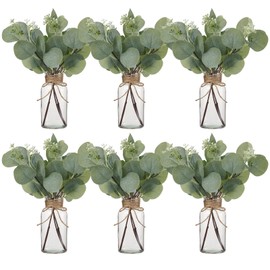 6-Pack Vintage Glass Vases with Artificial Eucalyptus Stems – Clear Bottles with Fake Plants for Farmhouse Wedding Centerpieces, Rustic Shelf Table Decor for Home Bathroom Office Reception Kitchen