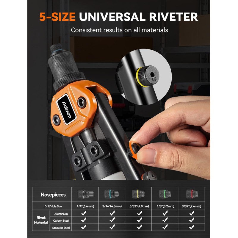 AUTOWN Professional Rivet Gun Kit with 5 Drill Bits &