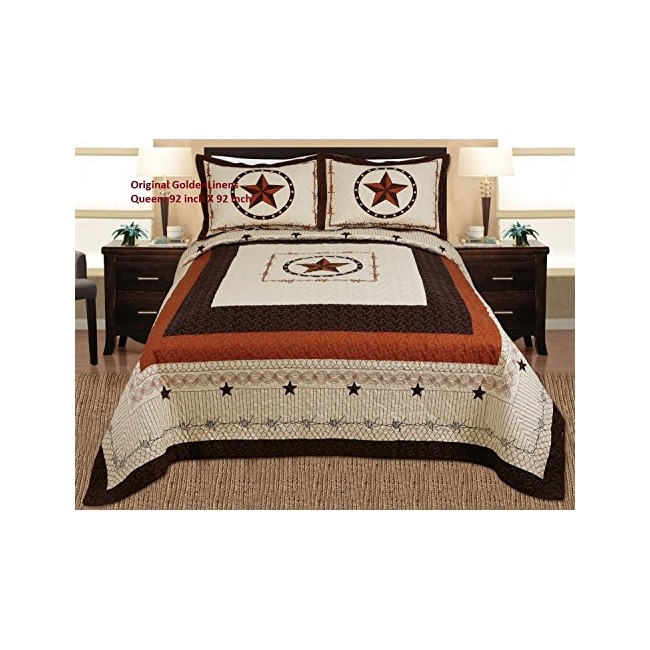 3-piece Western Lone Star Barb Wire Cabin / Lodge Quilt Bedspread Coverlet Set Full / Queen Size Beige, Brown, Black