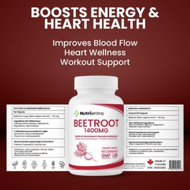 Nutrientra Beet Root Supplement – 1400mg, 60 Vegan Capsules – Beets for Energy, Heart & Blood Pressure – Non-GMO, Made in Canada
