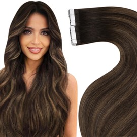LaaVoo Tape Extensions, Real Hair, Brown, Ombre, Skin Weft Extensions, 50 cm, Balayage Tape-In Hair Extensions, Brown, 50 g, 20 Pieces